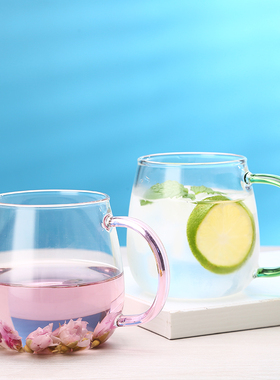 加厚耐热玻璃杯彩色把手水杯大容量茶杯夏季冷饮奶茶牛奶早餐杯子