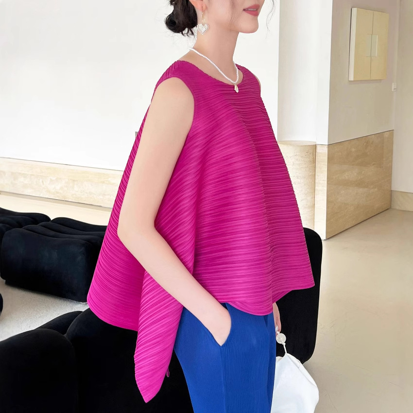 设计感纯色无袖褶皱上衣女2025夏不规则圆领宽松大码显瘦背心T恤