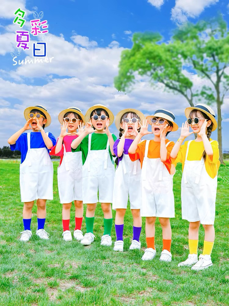 儿童背带裤糖果色短袖套装幼儿园毕业班服小学生男女童舞蹈演出服