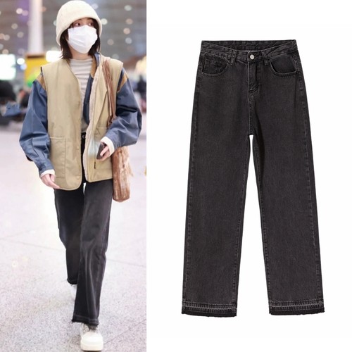 张子枫同款灰黑色阔腿裤女牛仔裤