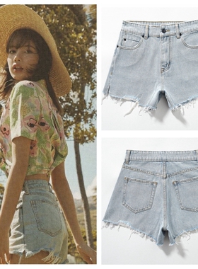 lisa同款牛仔短裤女2023夏款blackpink女团高腰宽松A字浅蓝色短裤