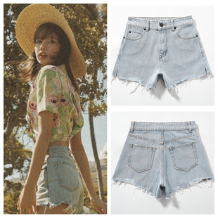 lisa同款牛仔短裤女2023夏款blackpink女团高腰宽松A字浅蓝色短裤