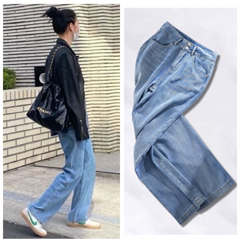 韩国明星金高银同款直筒宽松牛仔裤女2023夏季薄款浅蓝冰丝阔腿裤