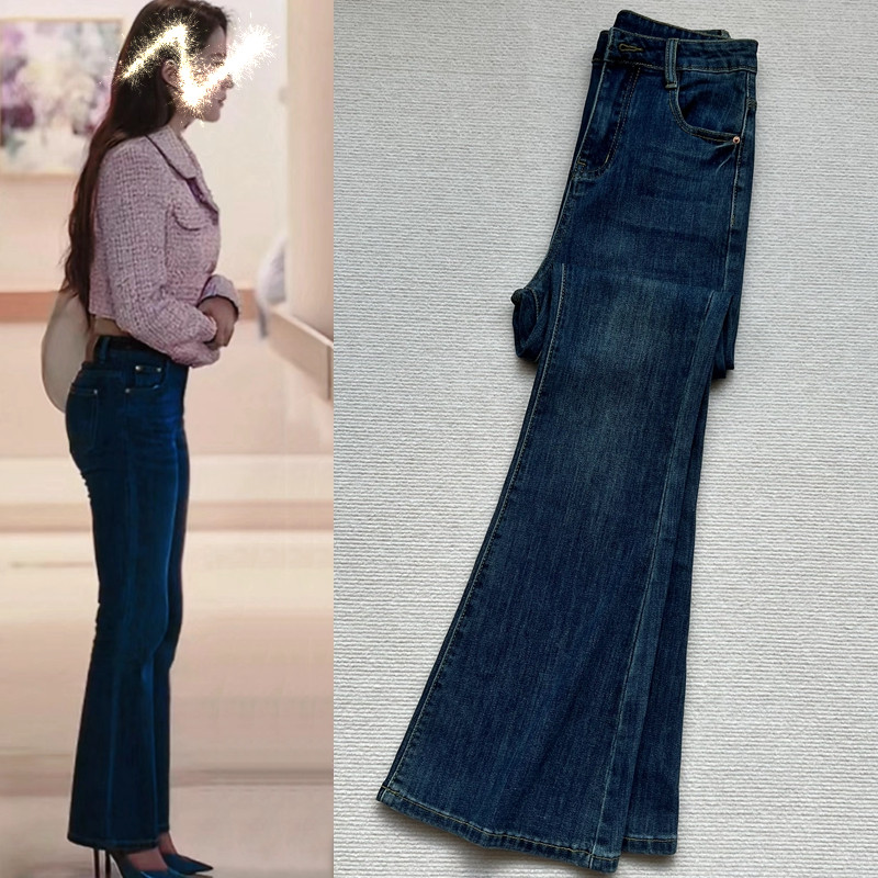 玫瑰的故事刘亦菲同款裤子黄亦玫高腰深蓝色显瘦牛仔裤女喇叭裤