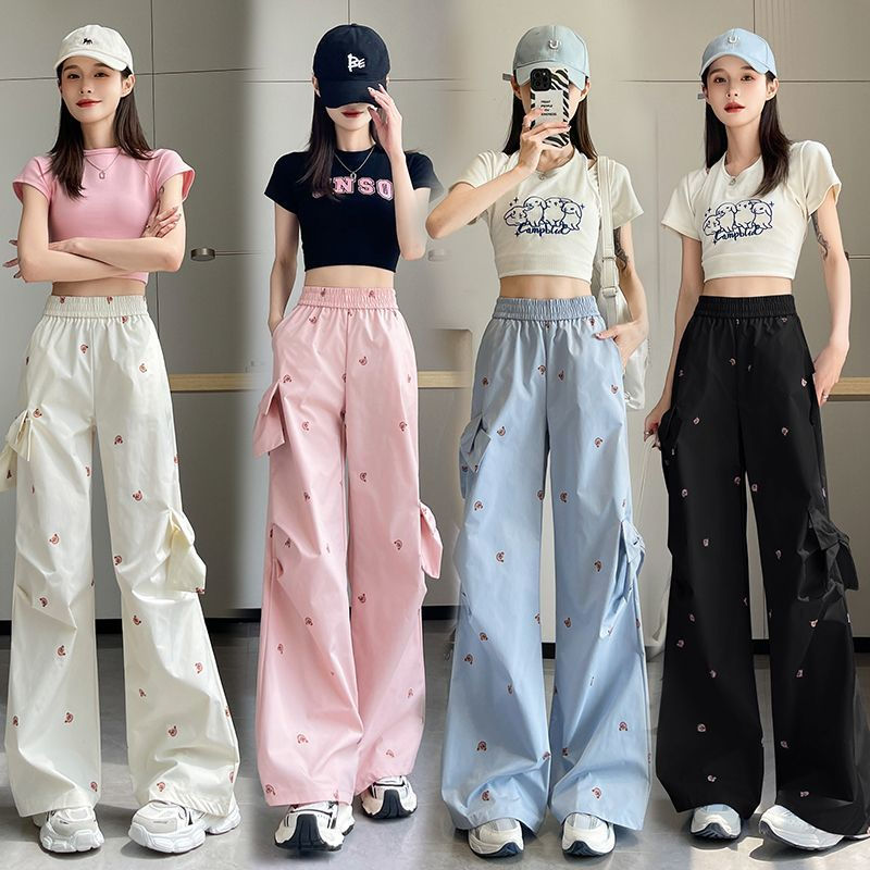 甜辣小熊印花立体蝴蝶结装饰休闲工装裤女夏季新款宽松显瘦阔腿裤