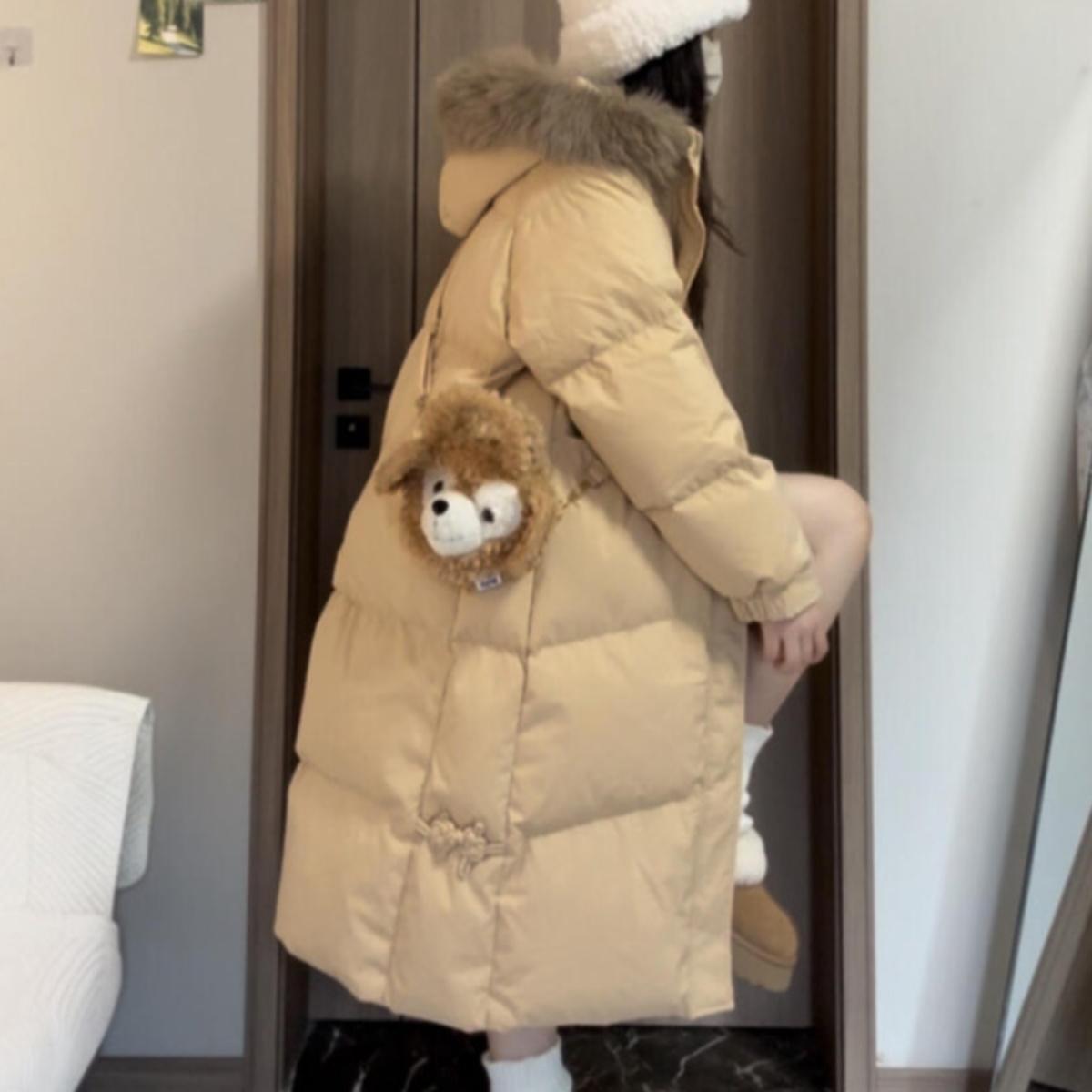 大毛领羽绒棉服女中长款2024新款冬季韩系加厚过膝小个子棉衣外套