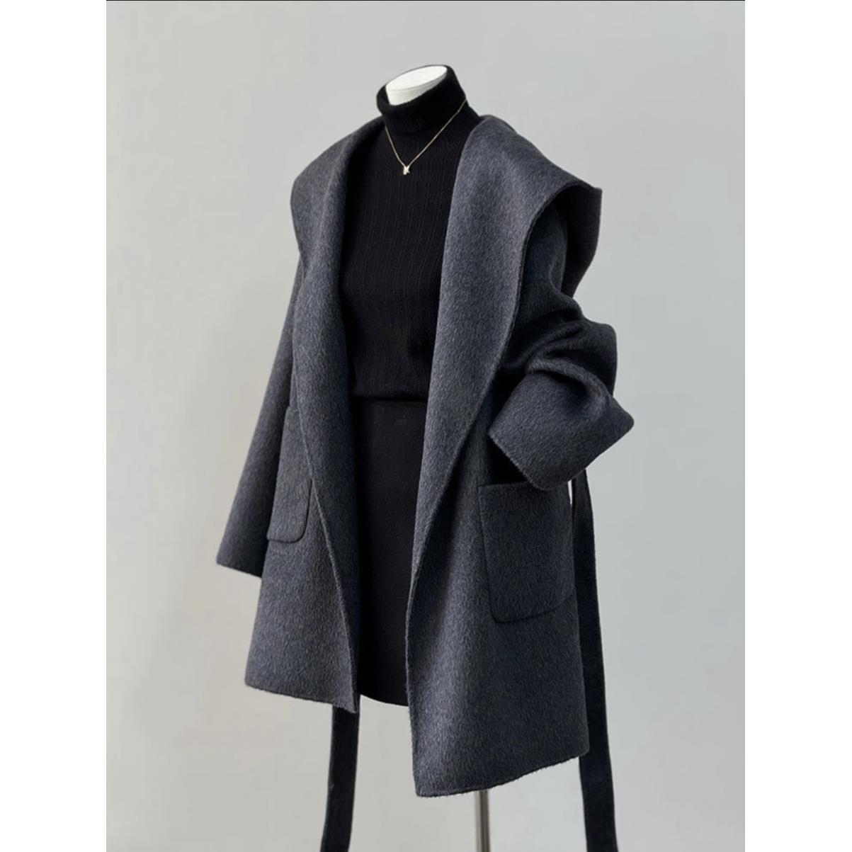 M家连帽双面羊绒大衣女式短小2023秋冬新款宽松韩式羊毛大衣