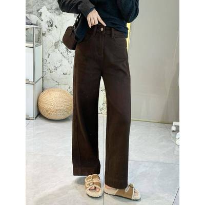 秋栗裤！四面弹加绒双侧线美拉德直筒牛仔裤女秋冬新款窄版阔腿裤