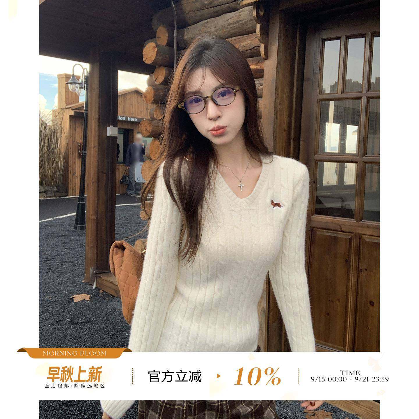 morning bloom刺绣v领麻花针织衫女秋季新款打底内搭毛衣长袖上衣