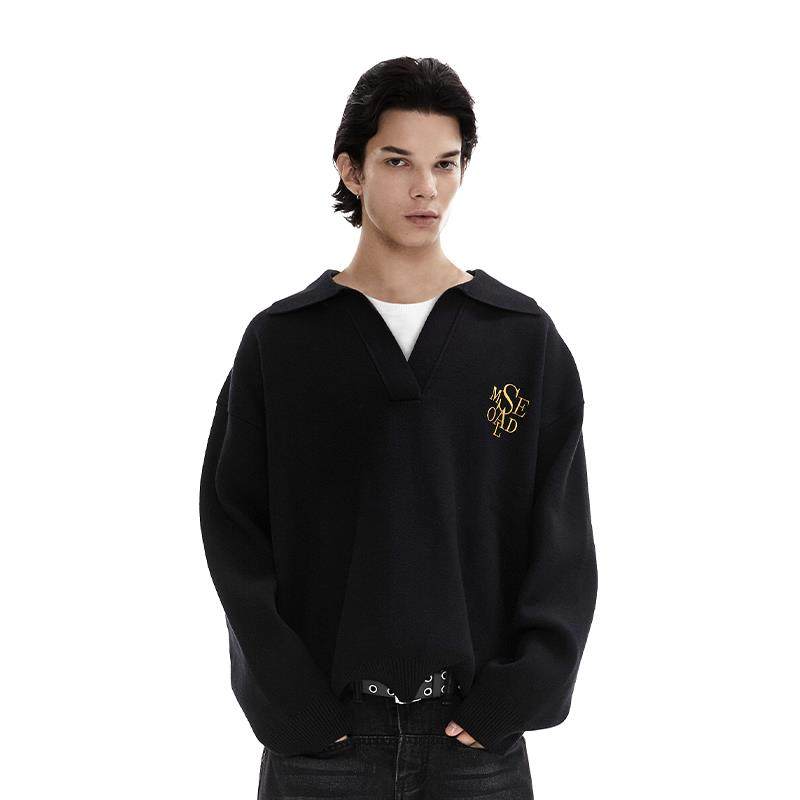 SAME OLD男女同款重磅假两件V领衫刺绣针织宽松休闲翻领毛衣套头