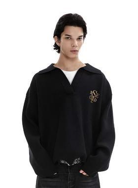 SAME OLD男女同款重磅假两件V领衫刺绣针织宽松休闲翻领毛衣套头