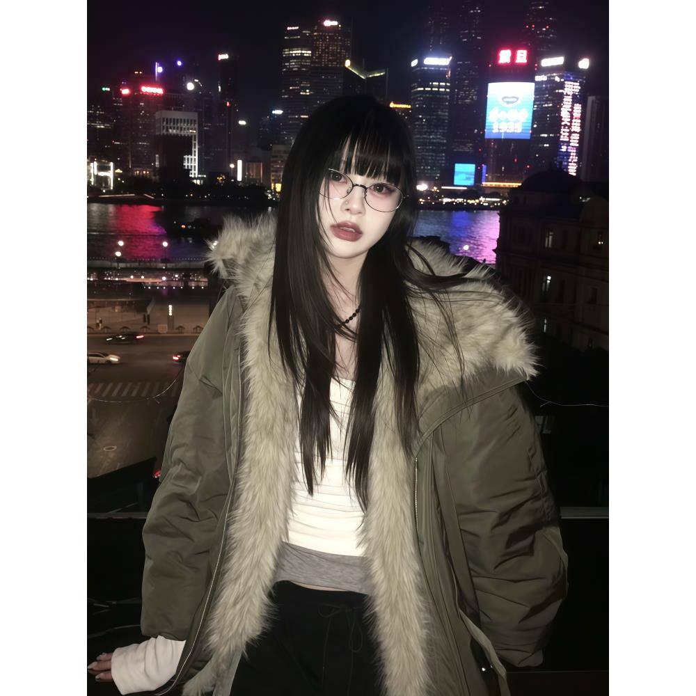 2025冬季新款毛绒拼接巴恩风花苞派克棉服女美式覆古加厚棉衣外套