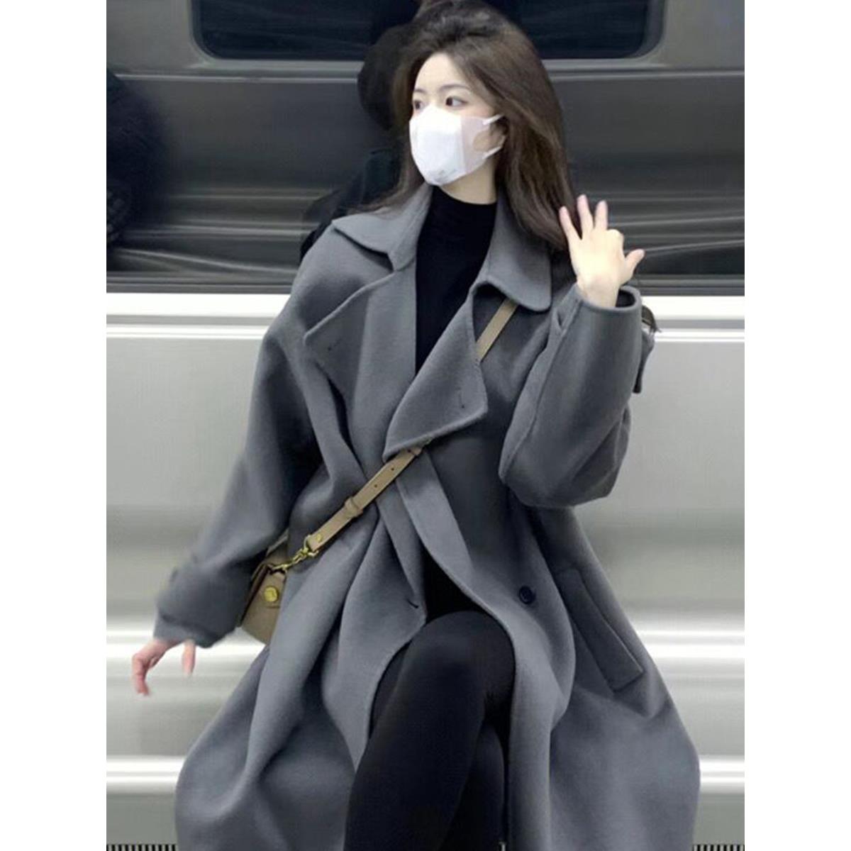 灰色双面羊绒呢子大衣女中长款2025秋冬新款高级感小个子毛呢外套