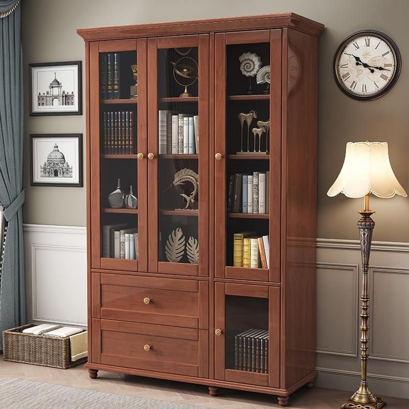 美式实木书柜带玻璃书橱三门落地书架文件柜自由组合展示柜陈列柜