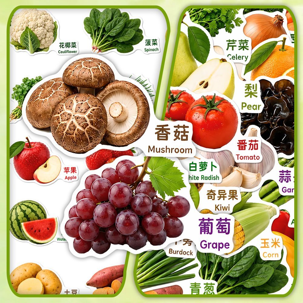 144贴绿色水果蔬菜贴纸食材装饰高清创意写实儿童认知启蒙贴画