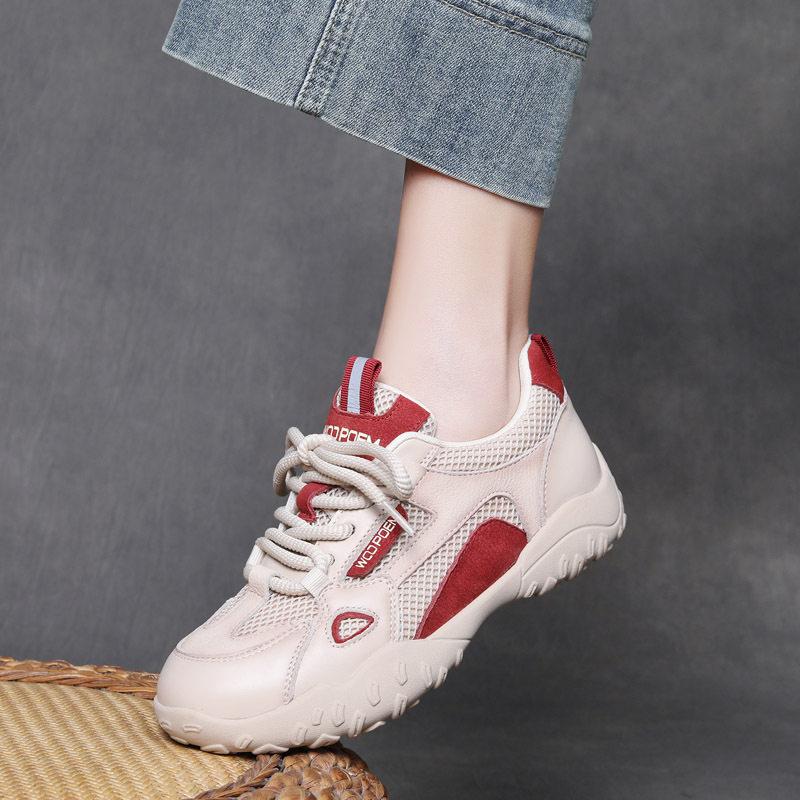 2026春夏新款网面真皮女鞋头层牛皮透气软底运动风休闲鞋软底凉鞋