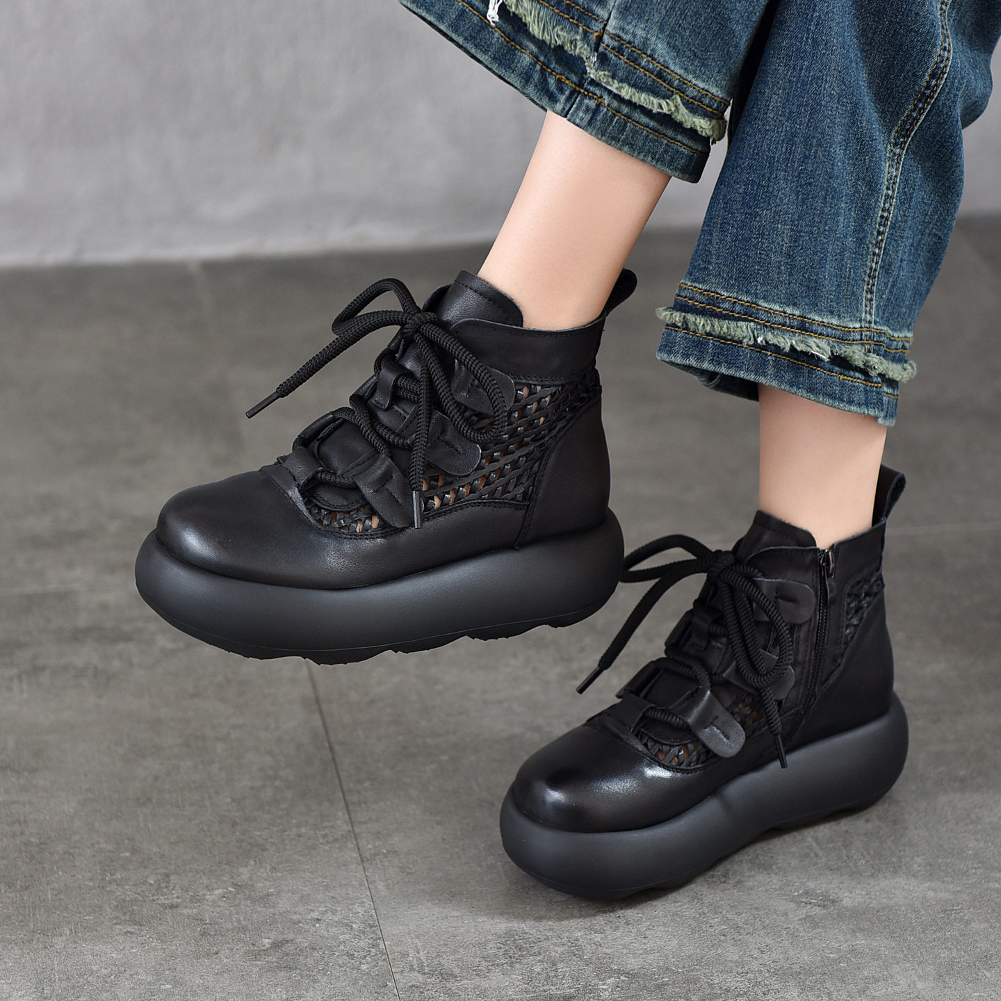 头层牛皮手工编织镂空凉靴女2026春夏新款厚底真皮厚底罗马凉鞋女