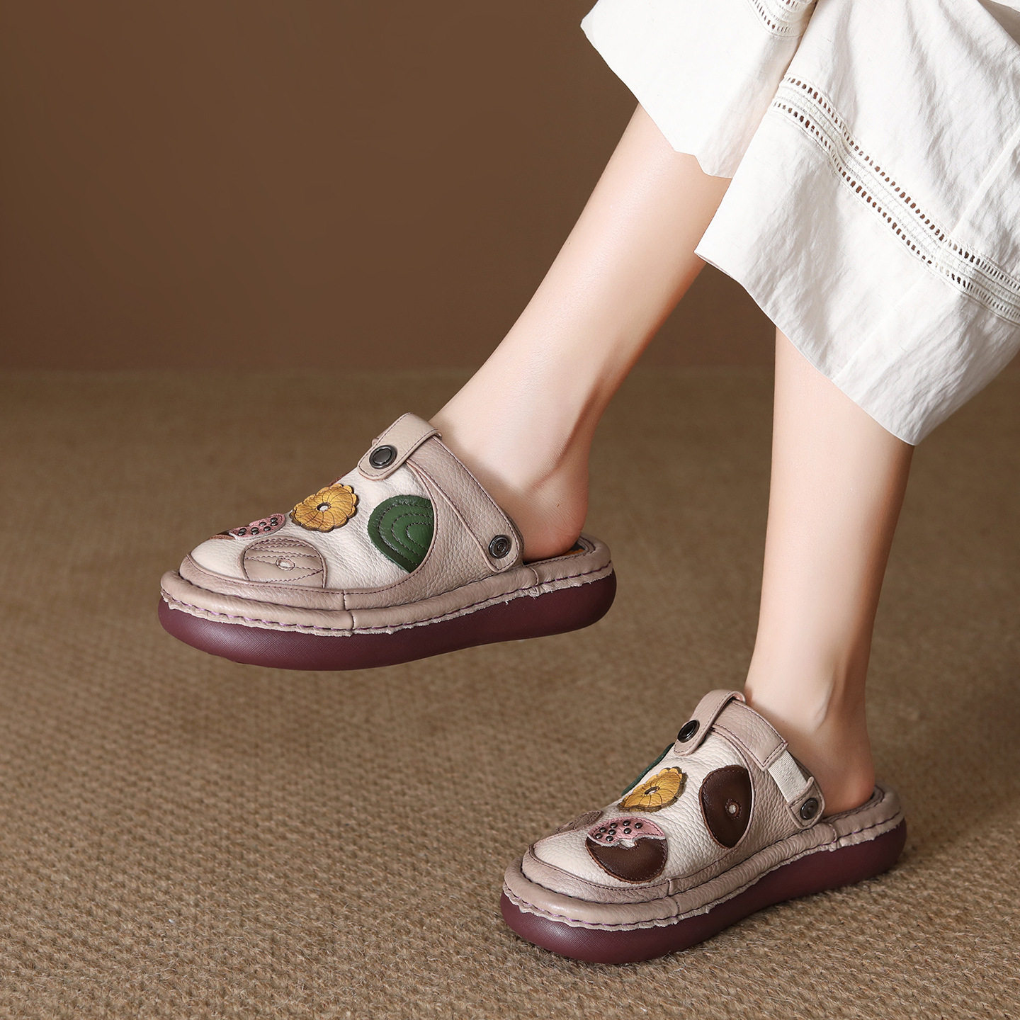 头层牛皮民族风包头凉拖鞋女2026夏新款真皮厚底百搭两穿妈妈凉鞋