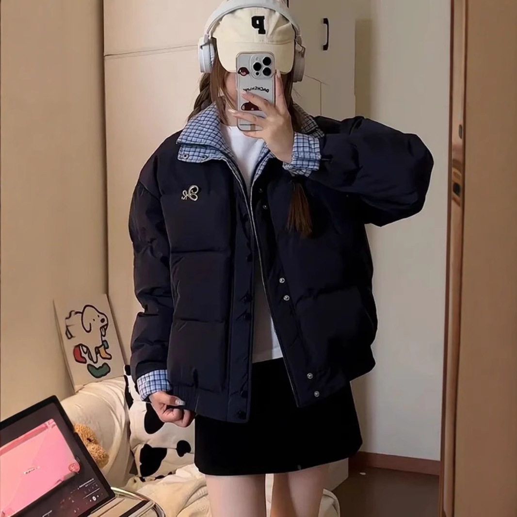 美式复古蓝色格纹拼接防寒外套棉服女学生冬季藏青色宽松保暖