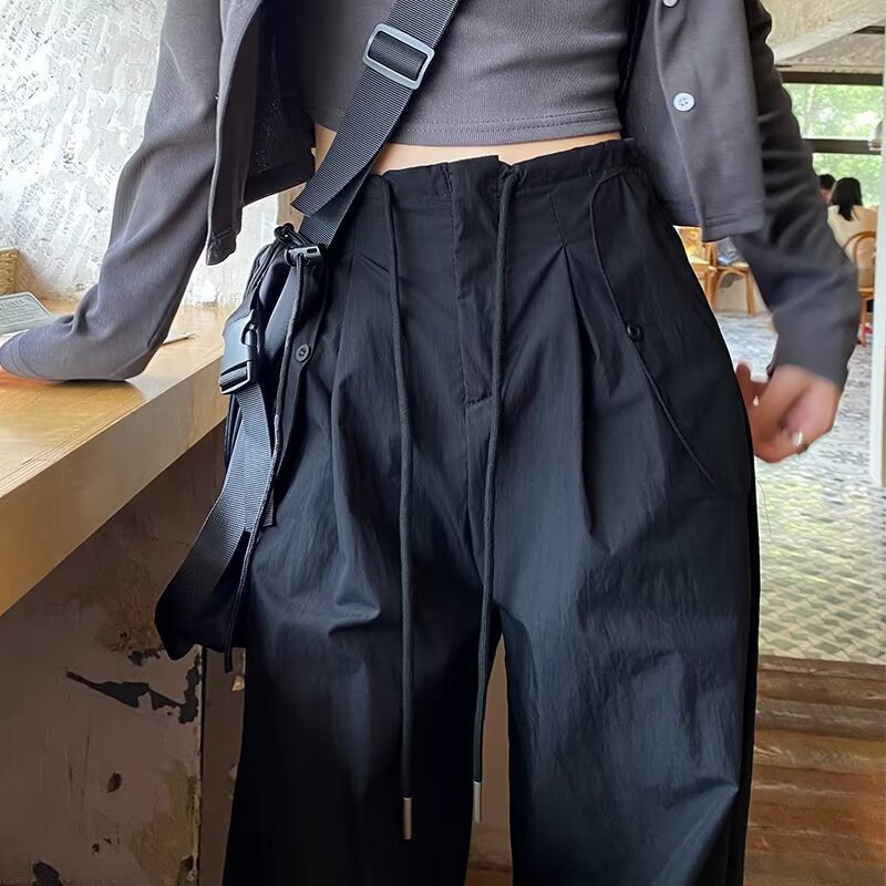 高腰降落伞工装裤女春夏新款高街美式阔腿裤轻薄速干休闲运动