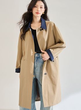 25秋新莱赛尔棉拼接领宽松中长款风衣外套卡其色小个子大衣22640