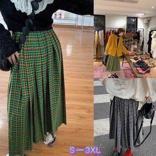设计感a字百褶裙中长款 新款 松紧腰 复古格纹半身裙女2022春季 大码