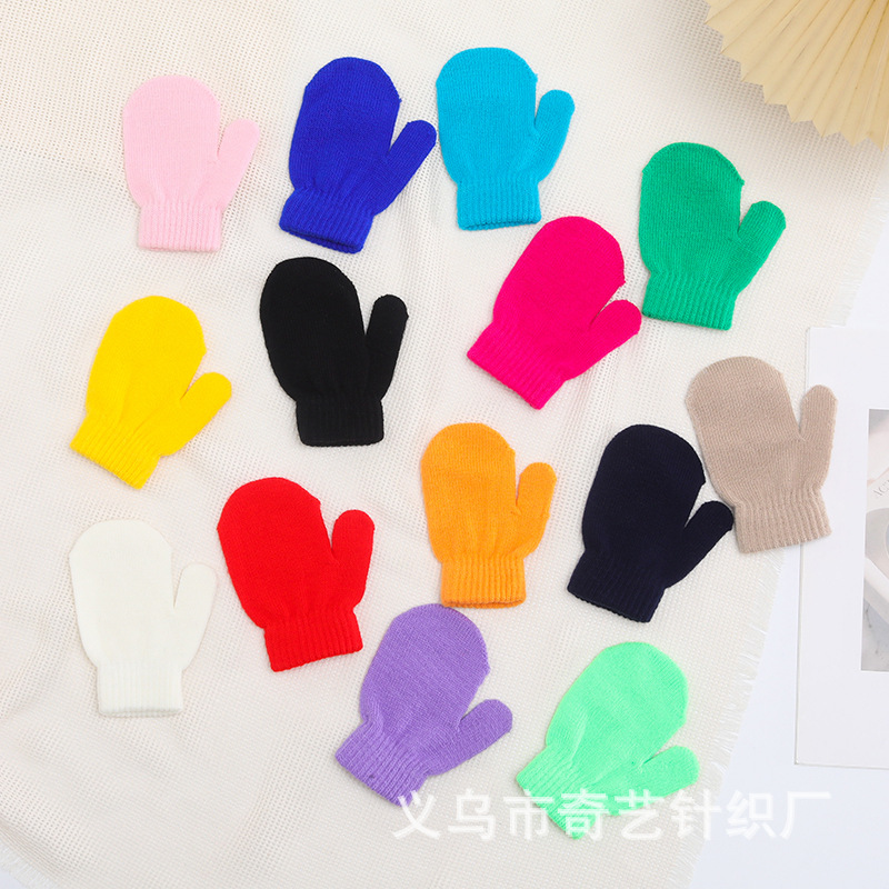 定制logo儿童冬季保暖单色针织手套 幼儿园小孩子多色多款包套