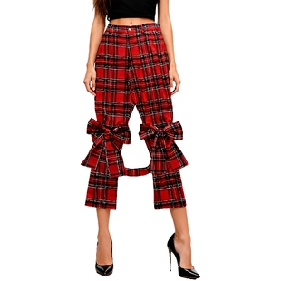 定制2026新款春装八分裤时髦英伦格子蝴蝶结女裤时髦欧美风不规则