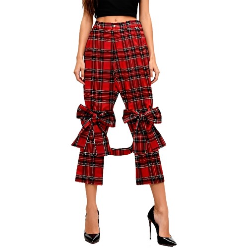 定制2026新款春装八分裤时髦英伦格子蝴蝶结女裤时髦欧美风不规则