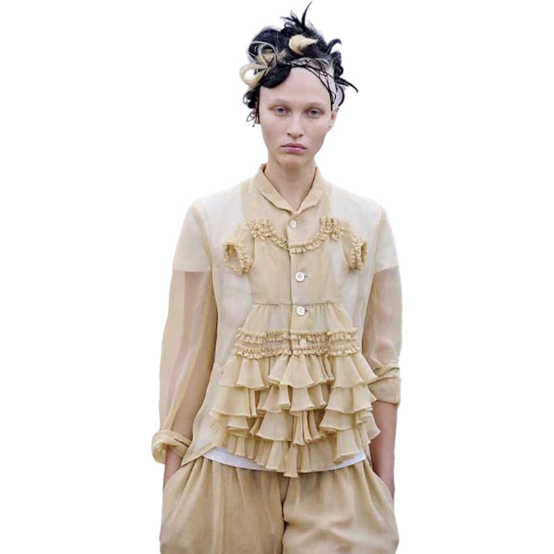 解构新款超薄纯色街头西装领常规单件2021年夏季拼接雪纺长袖衬衫