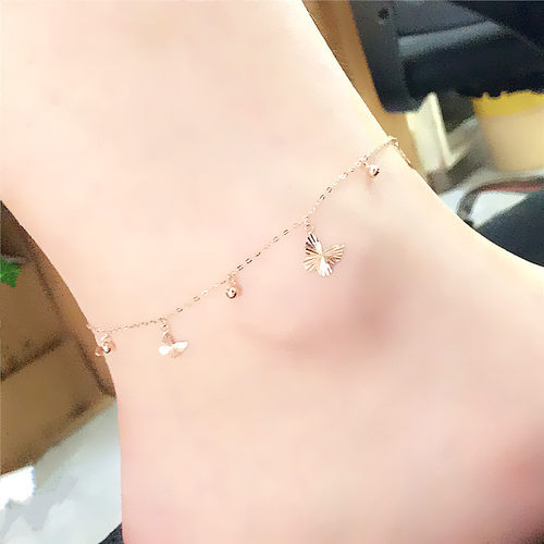 14K玫瑰金蝴蝶珠珠脚链