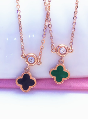 太太珠宝家 紫金14k玫瑰金时尚锆石黑色绿色四叶草硬金手链