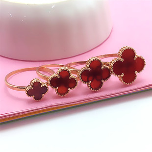 太太珠宝585紫金红色四叶草戒指时尚气质优雅14K玫瑰金百搭手饰