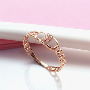 太太珠宝585紫金百搭日字猪鼻链条锆石戒指时尚气质14K玫瑰金百搭