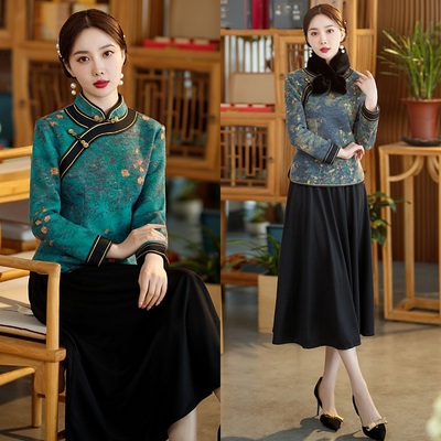 民族风日常两件套加绒妈妈旗袍领
