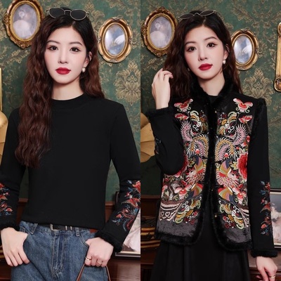 国风刺绣打底衫女秋冬配马甲