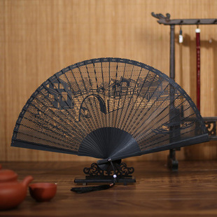 吉善非遗工艺品特产檀香扇黑檀木折扇檀香镂空扇文创摆件礼品扇子