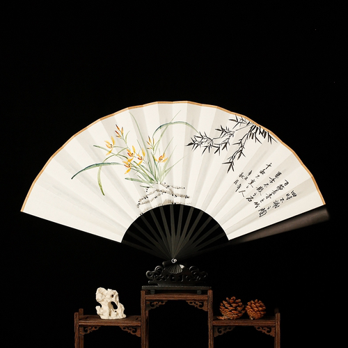 吉善书画手绘山水仿乌木包邮扇子