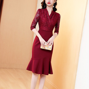 红色蕾丝连衣裙女2025春夏新款婚礼宴会礼服修身针织包臀鱼尾裙