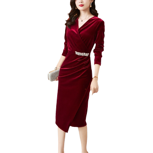 秋冬金丝绒连衣裙女长袖2025新款酒红礼服喜婆婆婚宴装丝绒包臀裙