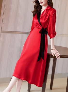 红色三醋酸连衣裙2024春夏季新B款女装高档气质西装领宴会礼服长