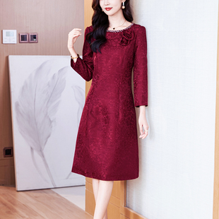 高端婚宴喜婆婆装 年轻妈妈装 A字裙 新款 酒红晚礼服连衣裙2025秋季