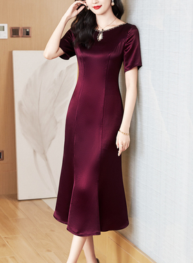 紫色醋酸礼服连衣裙女式短袖2026春夏新款高端洋气长款包臀鱼尾裙