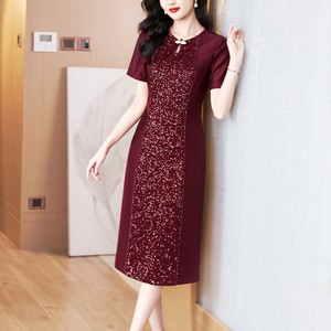 酒红色晚礼服连衣裙女2026年夏季新款中老年喜婆婆妈妈婚宴装旗袍