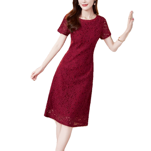 红色蕾丝连衣裙女2026春夏季新款收腰显瘦气质妈妈装婚礼宴会礼服