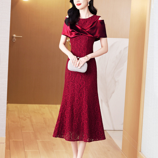 高端洋气婚宴礼服显瘦鱼尾裙 新品 2024春夏季 红色蕾丝连衣裙女短袖