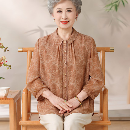 真丝妈妈装七分袖翻领衬衫75岁中老年洋气蚕丝上衣奶奶装宽松衣服