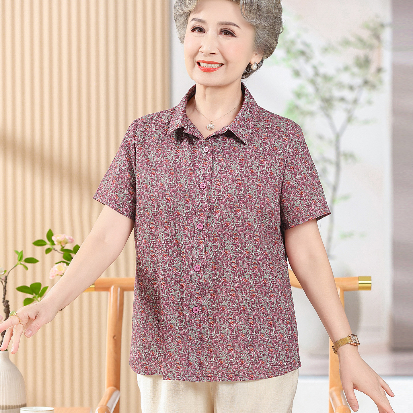 中老年女装短袖衬衫翻领碎花100%高档棉质上衣妈妈夏装洋气通勤风