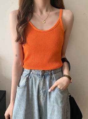 韩国风ins亮橘色橙色桔色修身显瘦U领小背心吊带针织打底衫上衣女