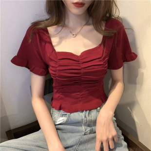 酒红色短袖针织T恤女夏季法式复古方领荷叶边褶皱洋气枣红色上衣